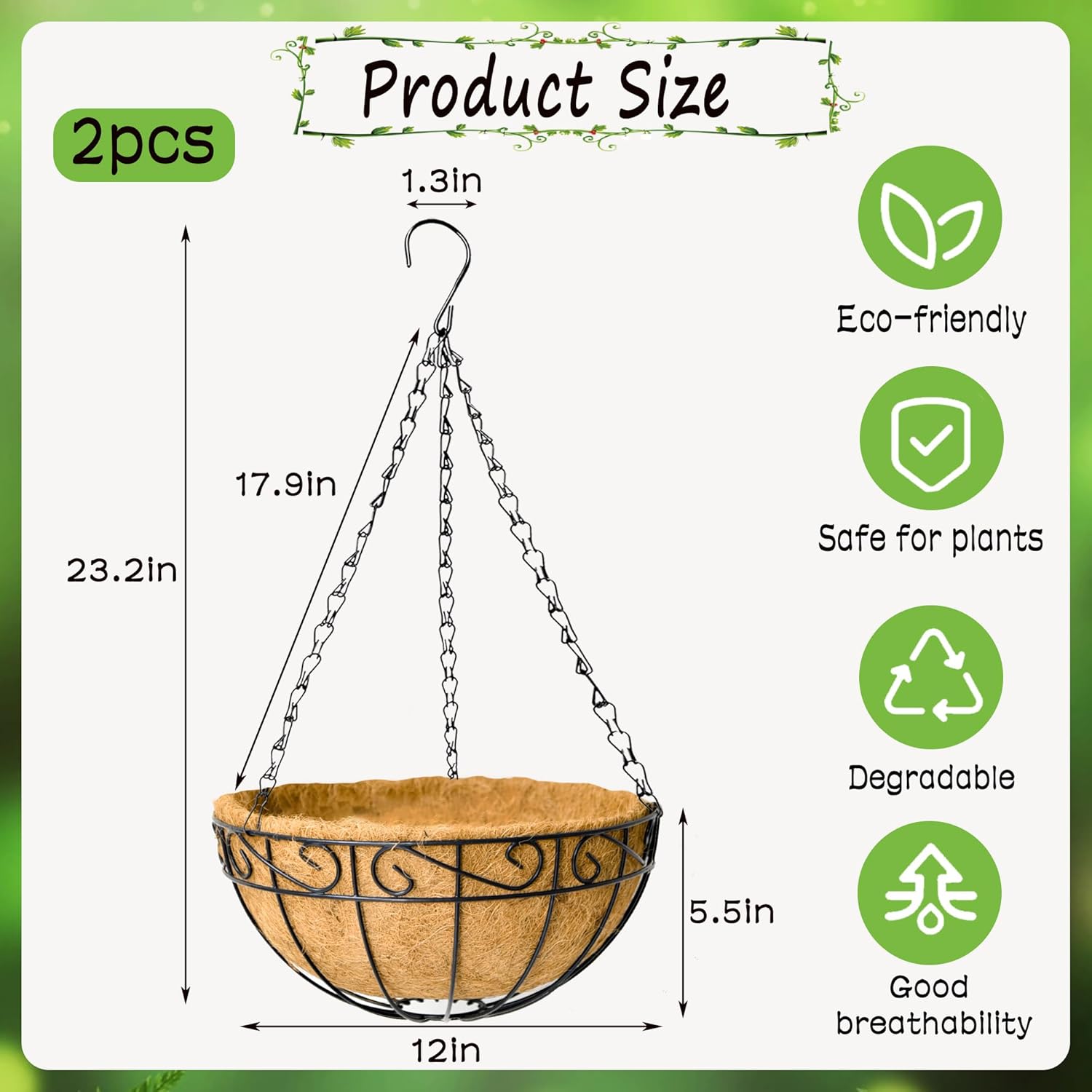 12 Inch Hanging Planters 2 Pack Round Metal Baskets with Coco Liners for Indoor Outdoor Gardens Porch Patio Decor Farmhouse Country Style Garden Decor