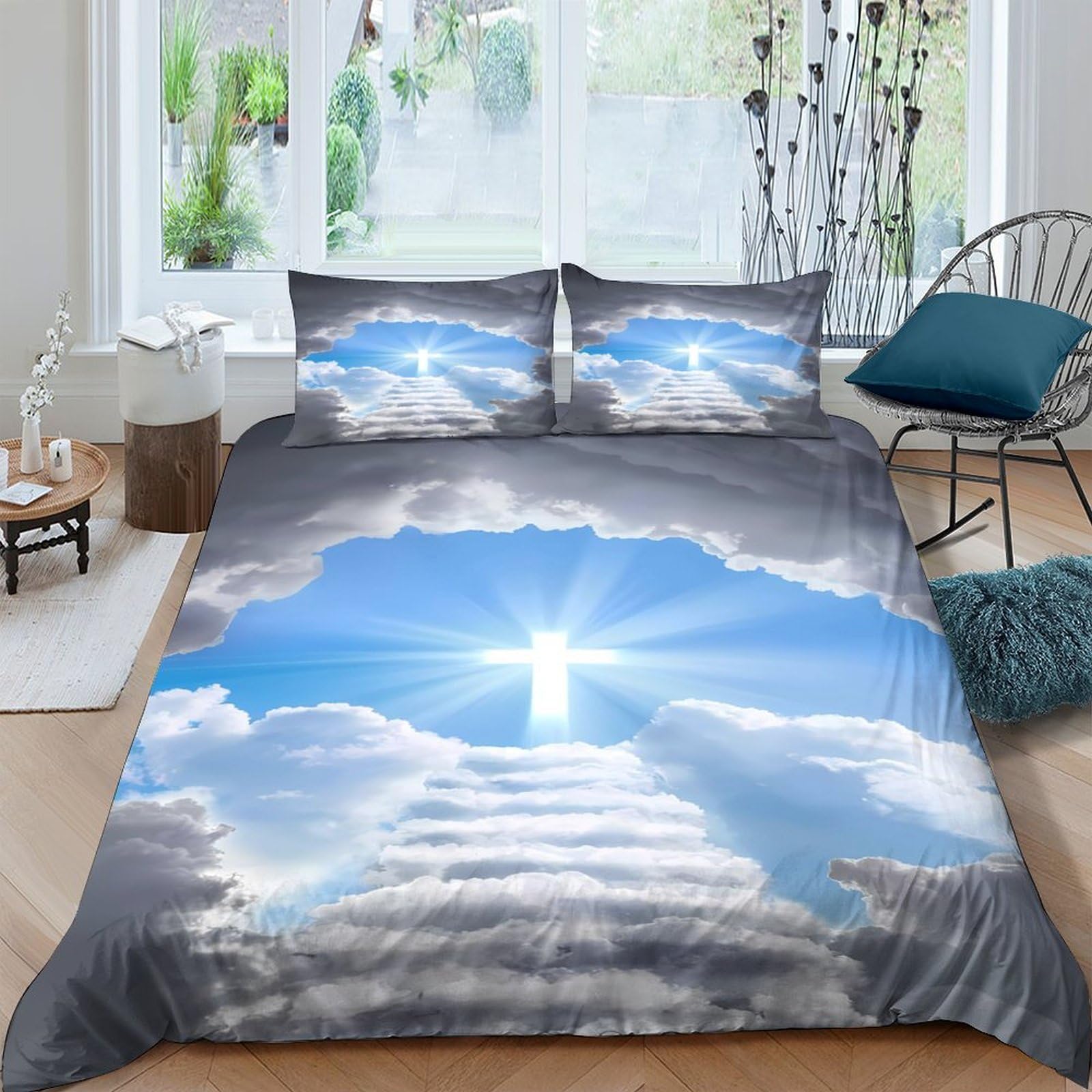 Ctjqhvkz Style-1 3D Printed Heaven Stairway Fitted Sheet Microfiber Clouds Light Bed Cover Slip-Resistant For Bedroom Guestroom Single（135X200cm）