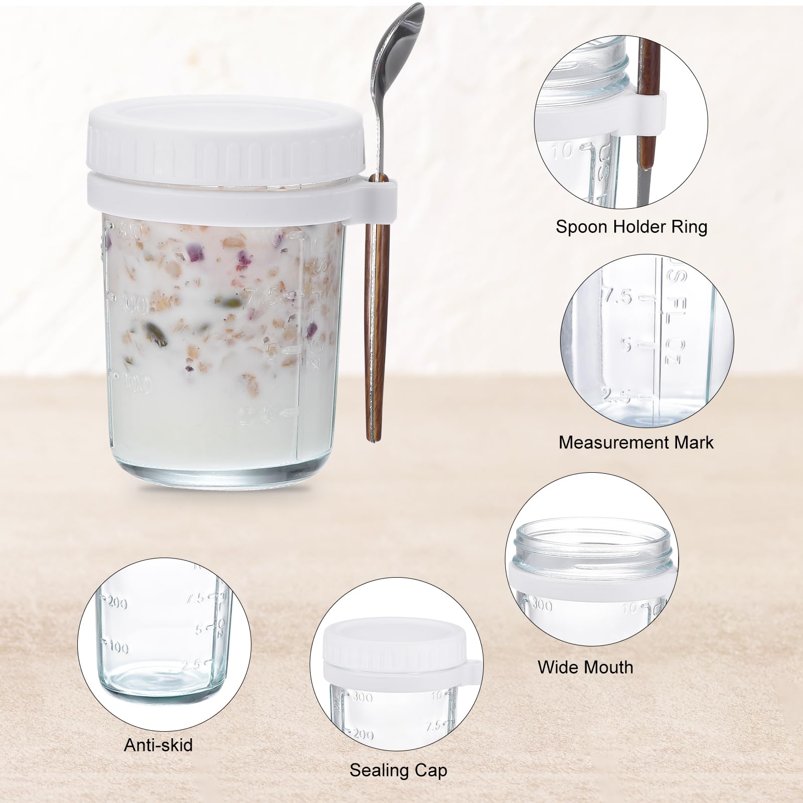 uxcell Recipientes de avena nocturna con tapas, 6 unidades, tarros de avena nocturna de 10 onzas con cucharas y marcas de medición, tarros de vidrio Mason para cereales de leche (blanco)