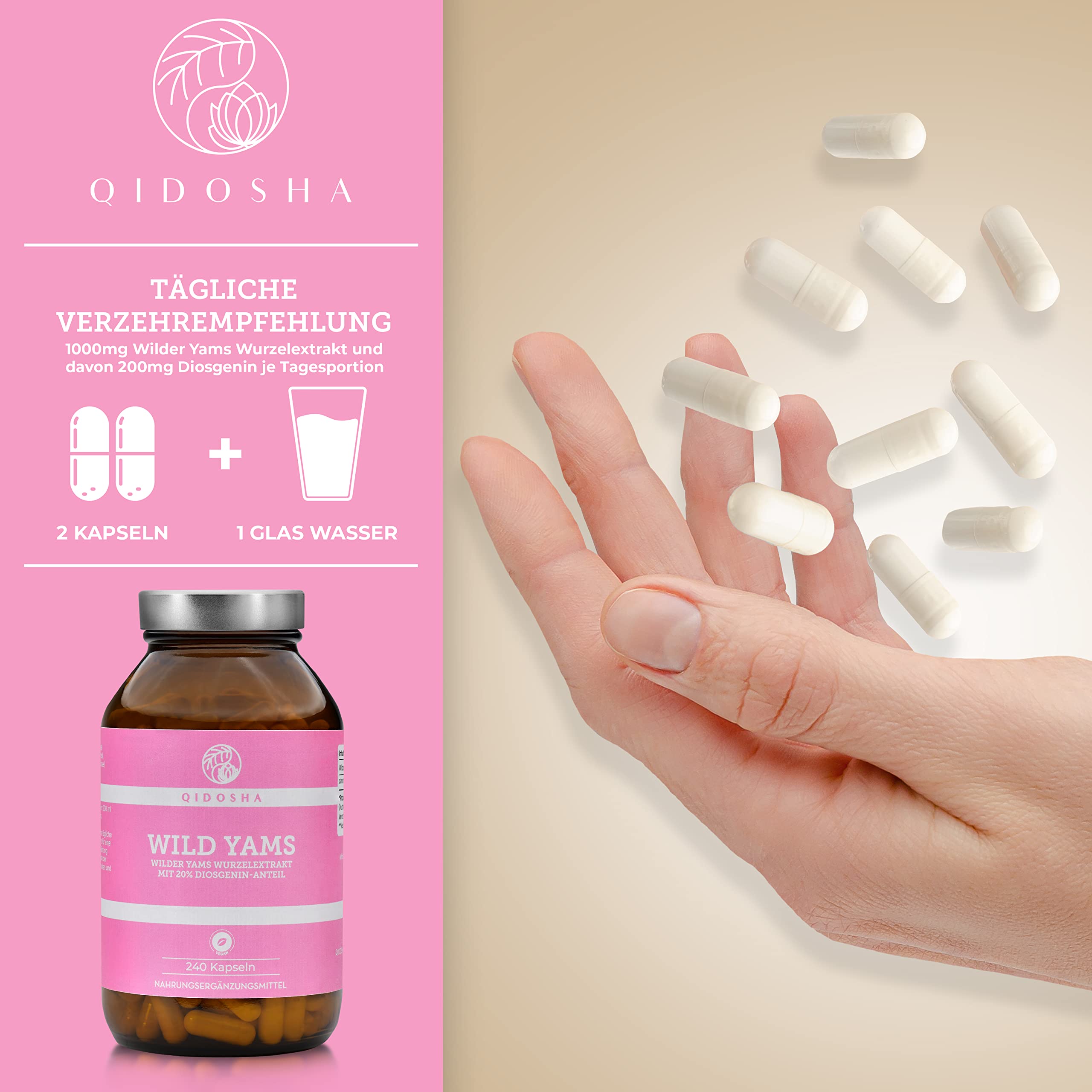QIDOSHA® Wild Yams Wurzelextrakt, 240 Stk/Glas, 1000mg Wilder Yams Wurzelextrakt mit 200mg Diosgenin je Tagesportion, Mexikanischer Wild Yam Kapseln hochdosiert, vegan, in Deutschland gefertigt