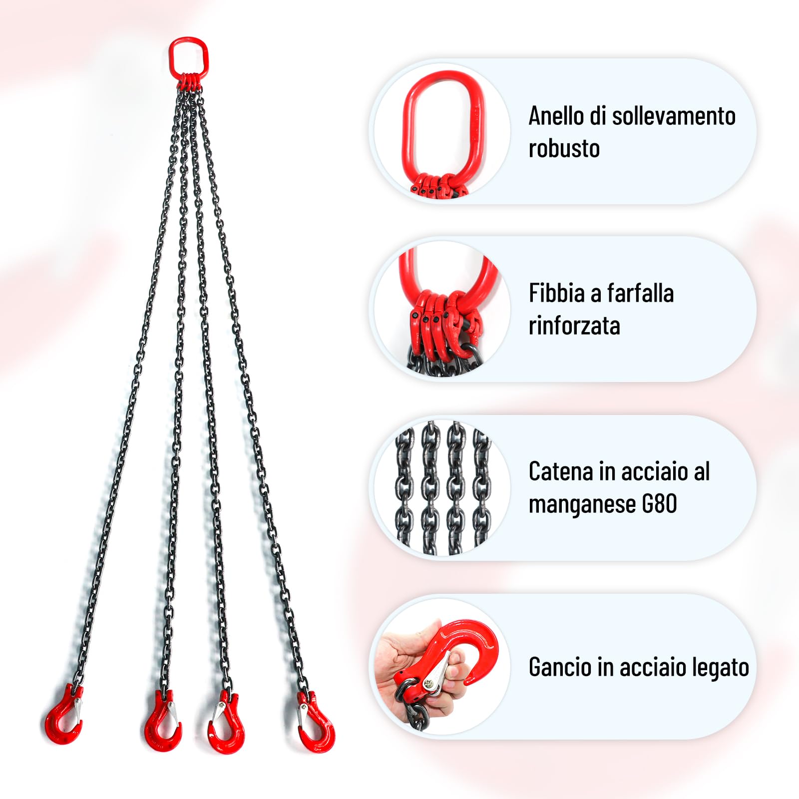 G80 Catene di Sollevamento, Capacità di Sollevamento di 3000 kg, 4 Catene con Ganci di Sollevamento, per il Sollevamento di Carichi Pesanti