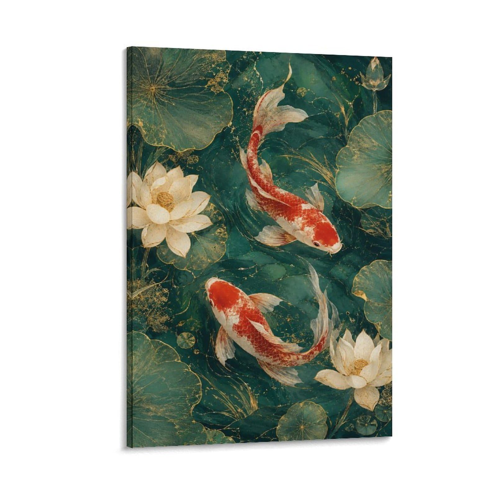 W7C8U2X3 Koi Fish Lotus Canvas Wall Art, Minimalist Asian Wall Art