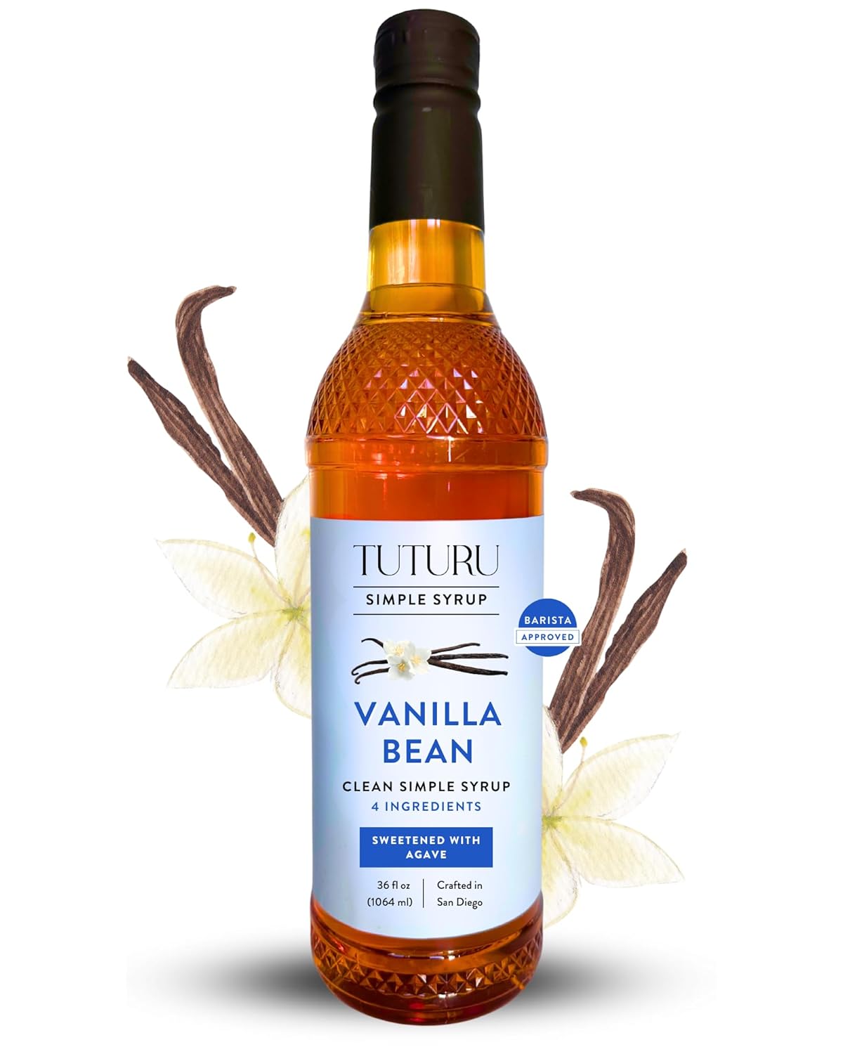 Vanilla Bean Agave Simple Syrup for Coffee & Cocktails - Sweetened with Organic Agave Nectar - Infused with Real Vanilla Bean - 36 oz