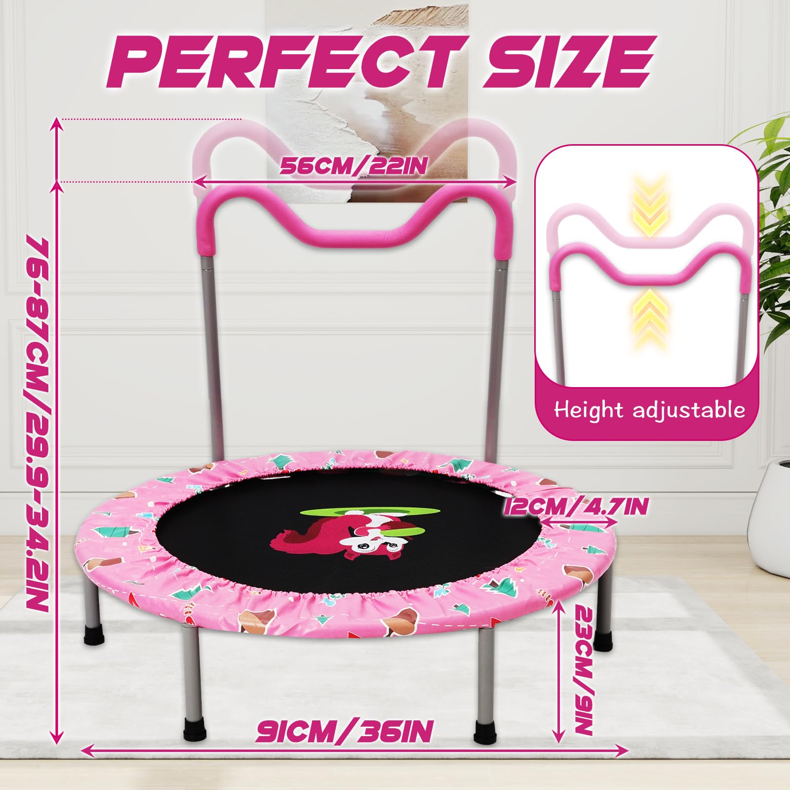 Hüpftrampolin für Kinder mit Schaumstoffgriffen, Kindertrampolin mit verstellbaren Griffen, Klapptrampolin für drinnen und draußen, Fitnesstrampolin für Kinder ab 3 Jahren (Pink)