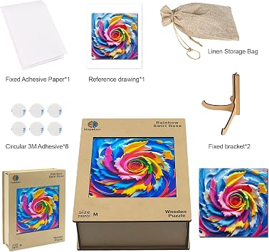 Wooden Puzzles for Adults, Rainbow Rose Puzzles, Wooden Jigsaw Puzzles for Adult, Unique Shaped Wood Puzzles, Wall Art Home Decor, Challenging Family Games, 300 Pieces 15.2x15.2
