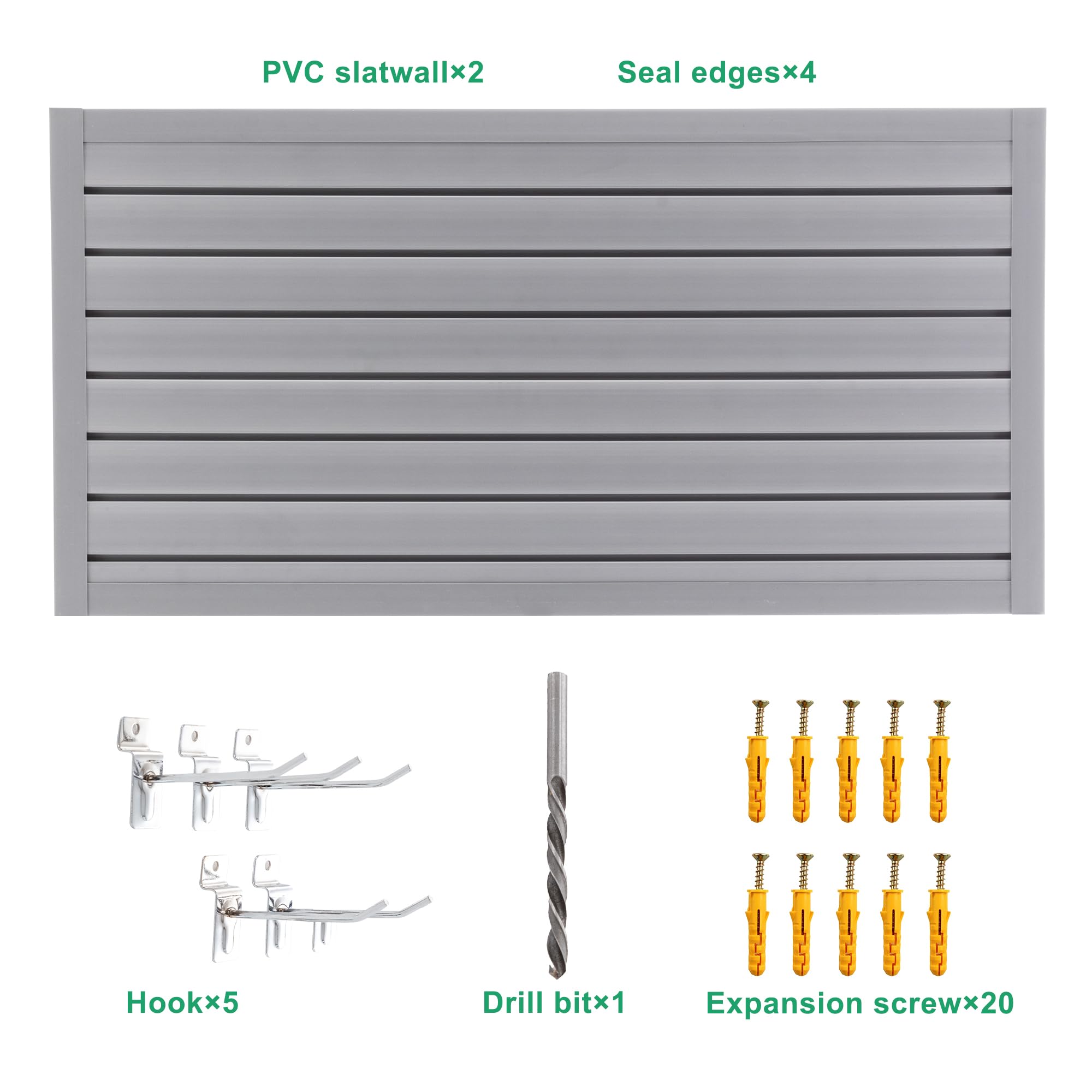 Slatwall Panel Garage Wall Organizer Storage Systems, Wall Mounted PVC Storage Rack with 5 Hooks, Interlocking Workshop Slat Wall Paneling Sheets Board Shelves Tools Organization-Grey(2’H x 4’W)