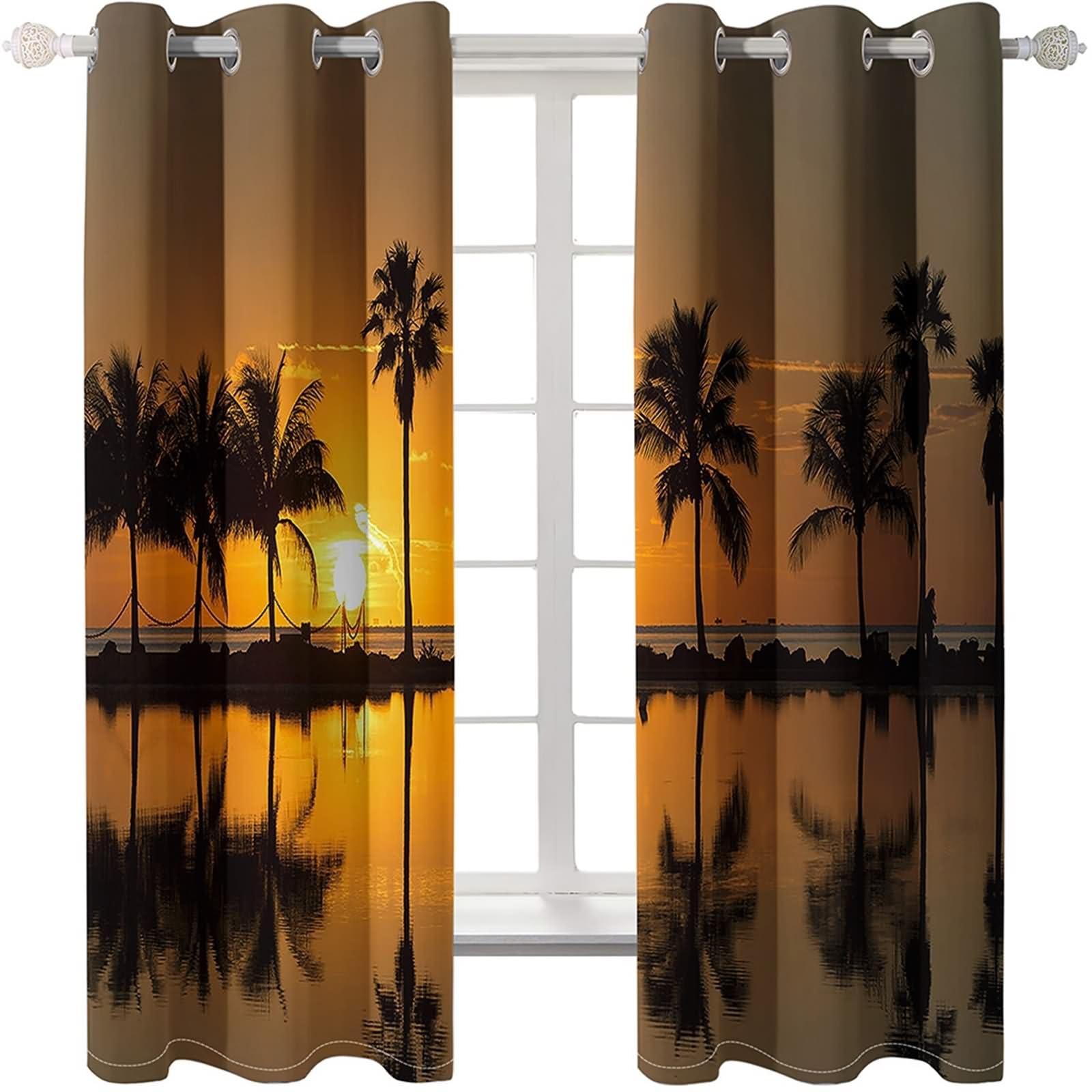 Zasłona okienna Łazienka, Blackout Kurtyny Pomarańczowy Brązowy Zielony Zachód Słońca, Drzewo kokosowe, Krajobraz Morski Poliester 2 Panele 488x244cm