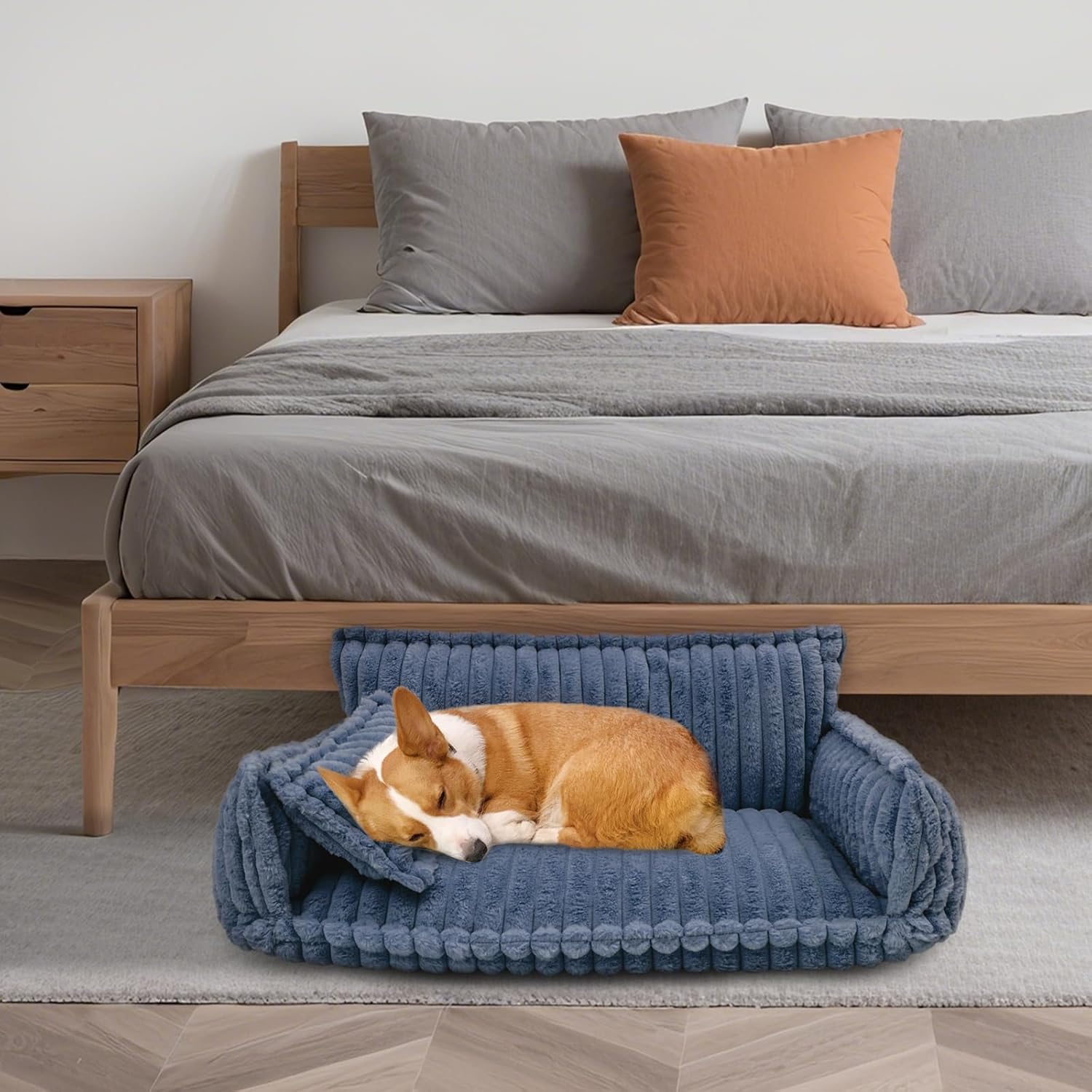 Fluffy Pet Couch for Cats & Dogs, Plush Animal Sofa with Removable Washable Cover,Calming Bed for Small or Medium and Large-Sized Pets, Dark Gray Modern Pet Furniture (Blue)