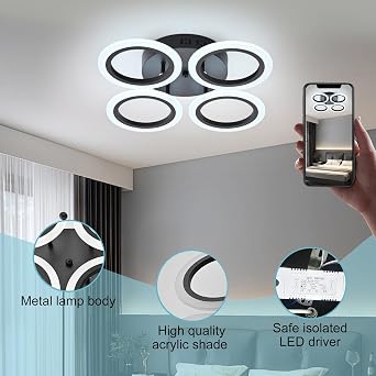 Small Modern LED Ceiling Light,4 Rings Flush Mount Ceiling Light Fixtures, Black Close to Ceiling Light, 6500K LED Ceiling Lamp for Bedroom,Dining Room,Living Room, Office
