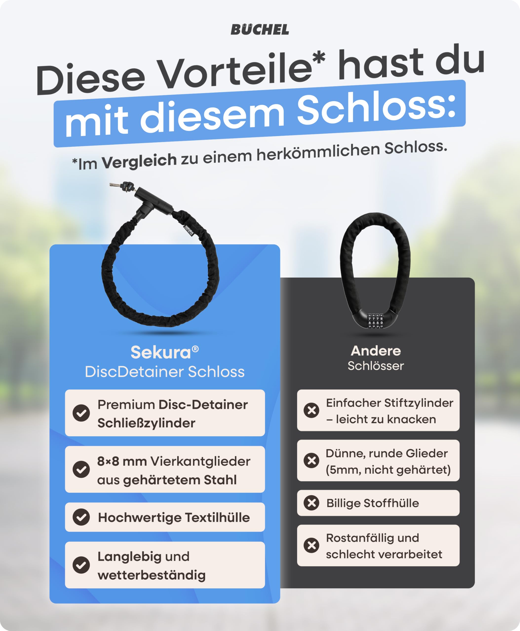 BÜCHEL Sekura - Lucchetto per bicicletta ad alta sicurezza, 90 cm, con disc Detainer Lock, in acciaio temprato da 8 mm, catena per e-bike, biciclette, scooter & Co per città, scuola, lavoro, tempo
