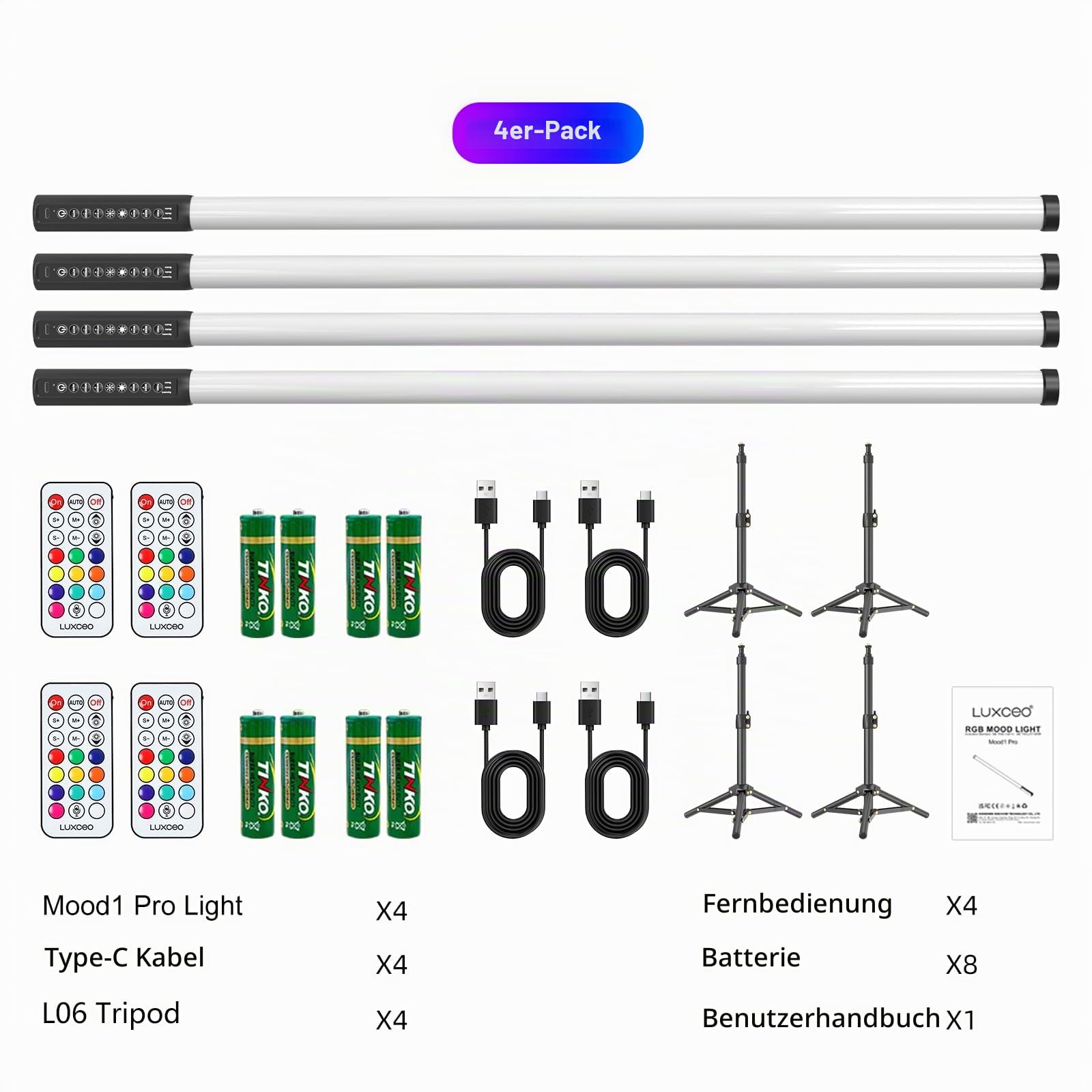 4 Stück 90cm LED Video Lichtstab Mood1 Mit Stativ,LED Handheld Fotografie Lichtdimmbar und Speicher, integrierter Akku,RGB-Fotolampe für YouTube,TikTok,Spiel-Streaming,Partybar,Foto-Beleuchtung