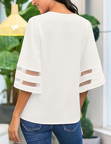 Miniatura 5 de LookbookStore - Blusa casual de panel de malla con cuello en V y manga acampanada 34 para mujer