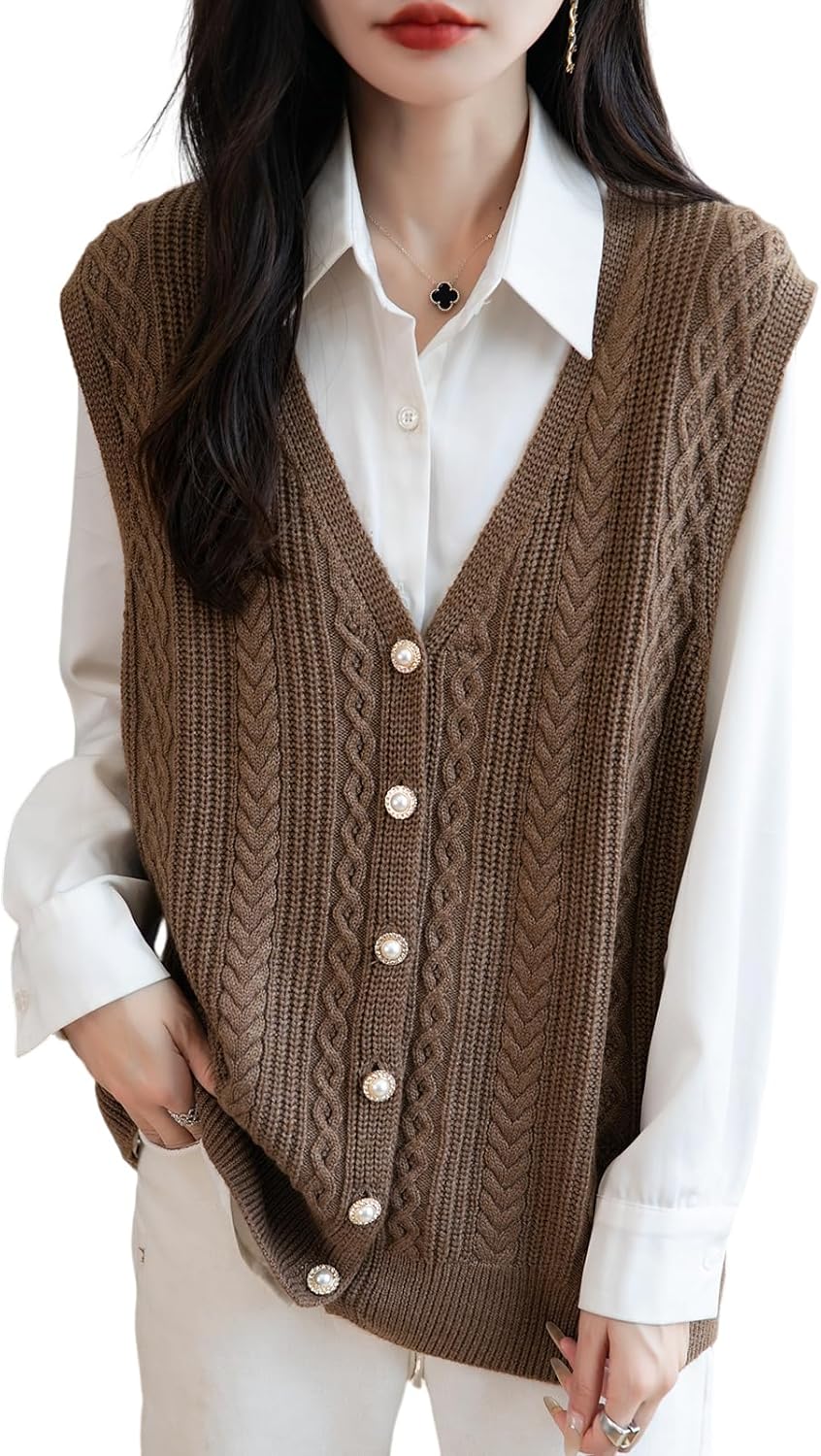 Women's Merino Wool Blend Sweater Vest 2025 Fall Winter Casual V Neck Cable Sleeveless Knit Cardigan with Button