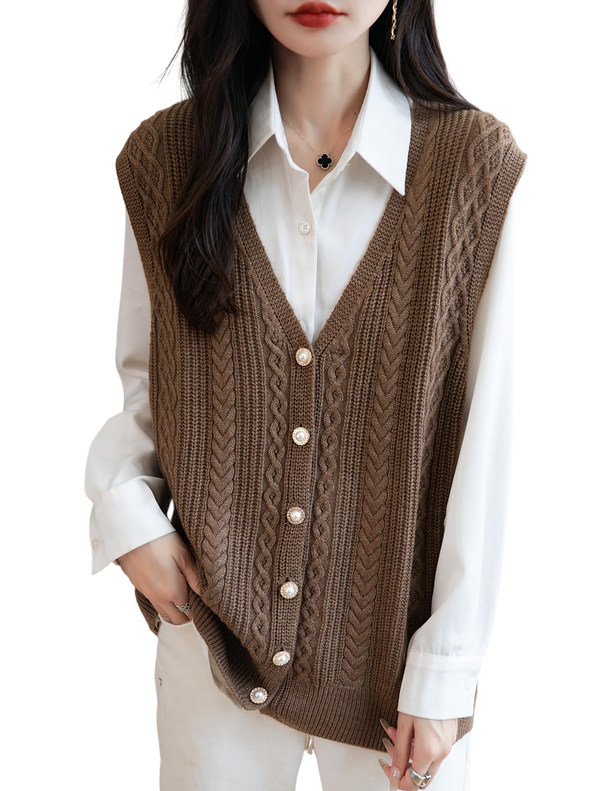 Womens Merino Wool Blend Sweater Vest 2025 Fall Winter Casual V Neck Cable Sleeveless Knit Cardigan with Button