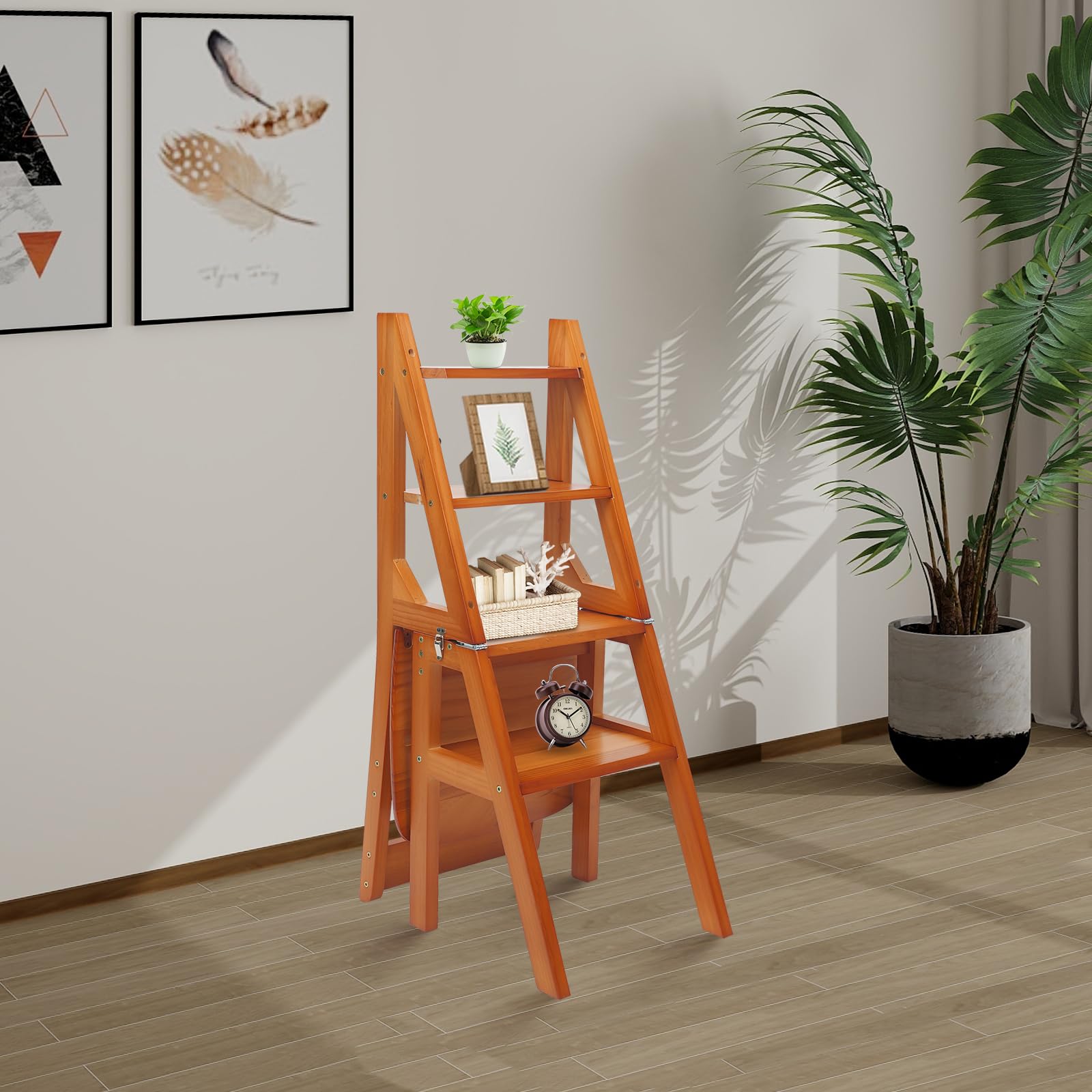 Silla escalera plegable de 4 peldaños, taburete convertible, silla escalera de madera, taburete plegable, escalera multifuncional, capacidad de carga de 100KG, para dormitorios, despensas, balcones