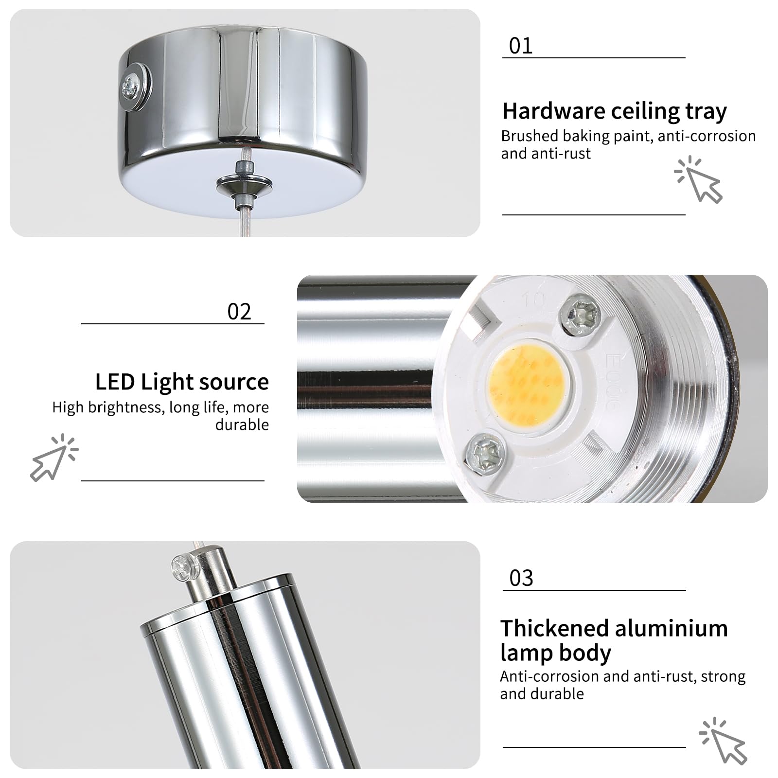 Mikeru Cylindrical Chrome Pendant Light, 3 Color Temperature 3000k/4500k/6500k Kitchen Island Pendant Light - Image 4