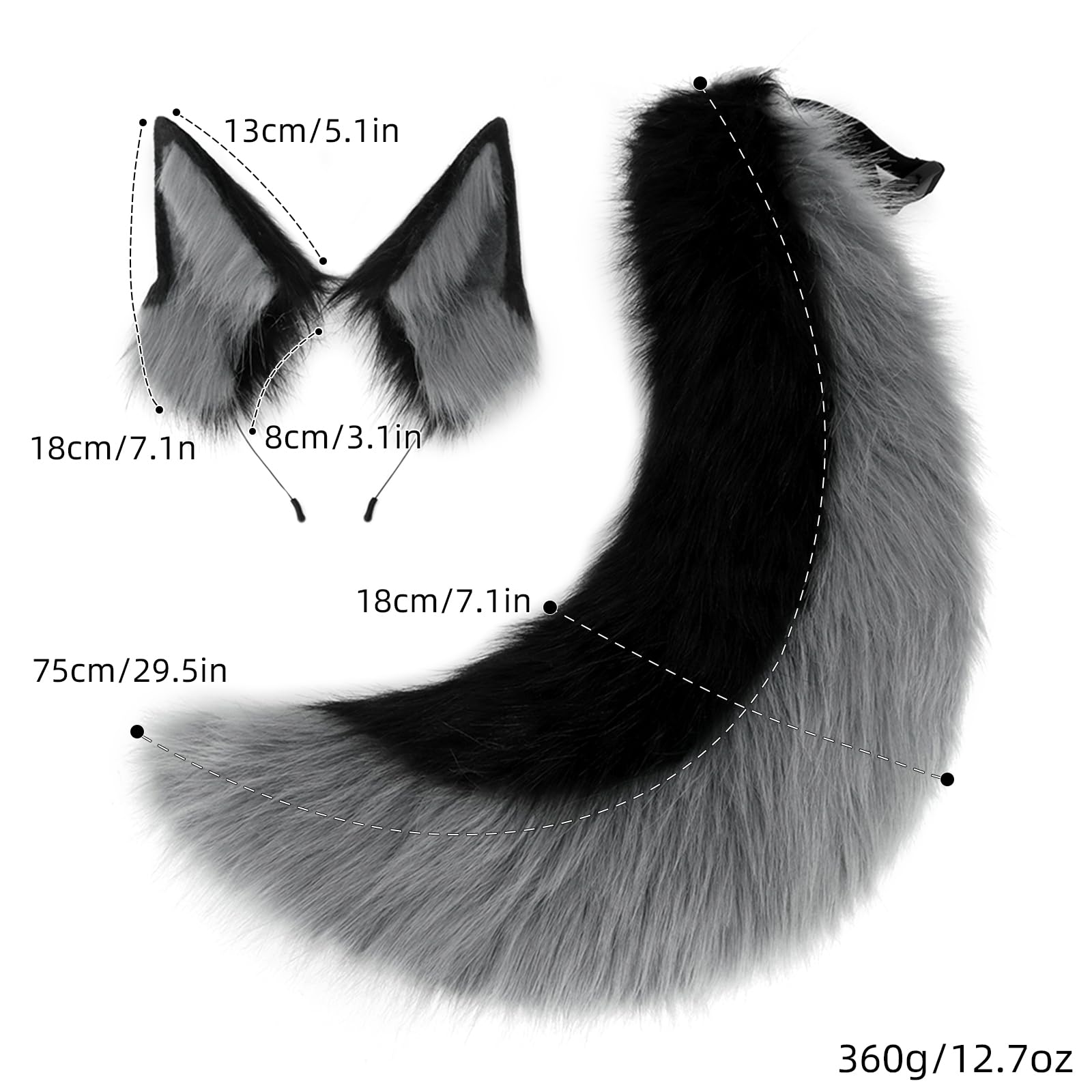 Faux Fur Wolf Ears Headband & Furry Tail Set Realistic Wolf Costume Accessories for Halloween, Cosplay,Parties: Medium Grayblack