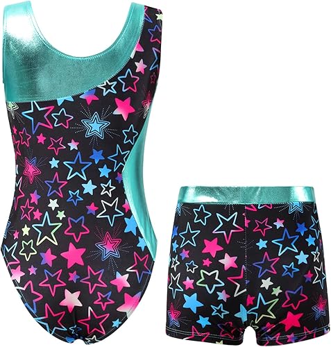 Miniatura 2 de Yartina Leotardo de gimnasia estampado para niñas, traje de baño de 2 piezas con pantalones cortos