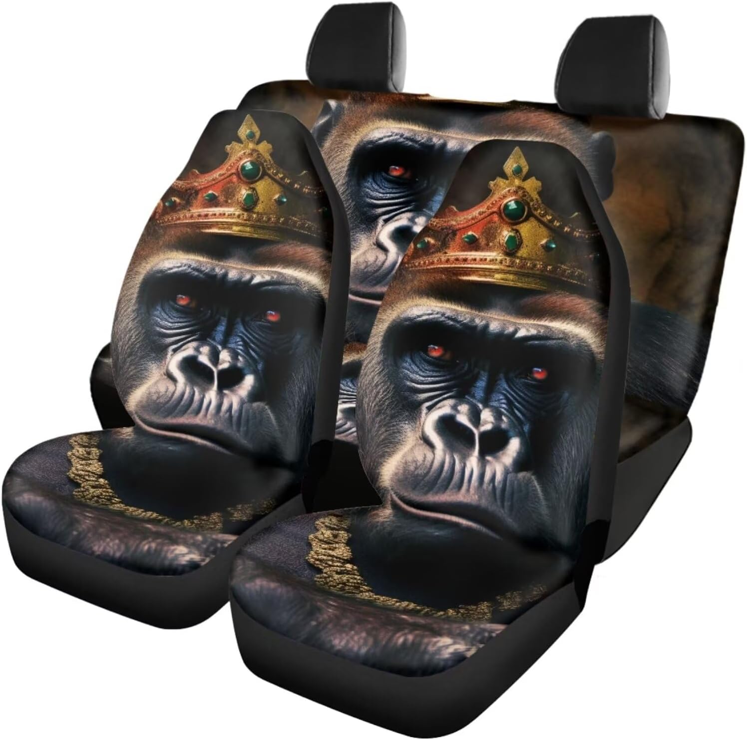 Gorilla with Crown Print Seat Covers for Car Interior Durable Universal Fit Animal Car Seat Cover Full Set Truck SUV Sedan Van Seat Protector Car Accessories Black