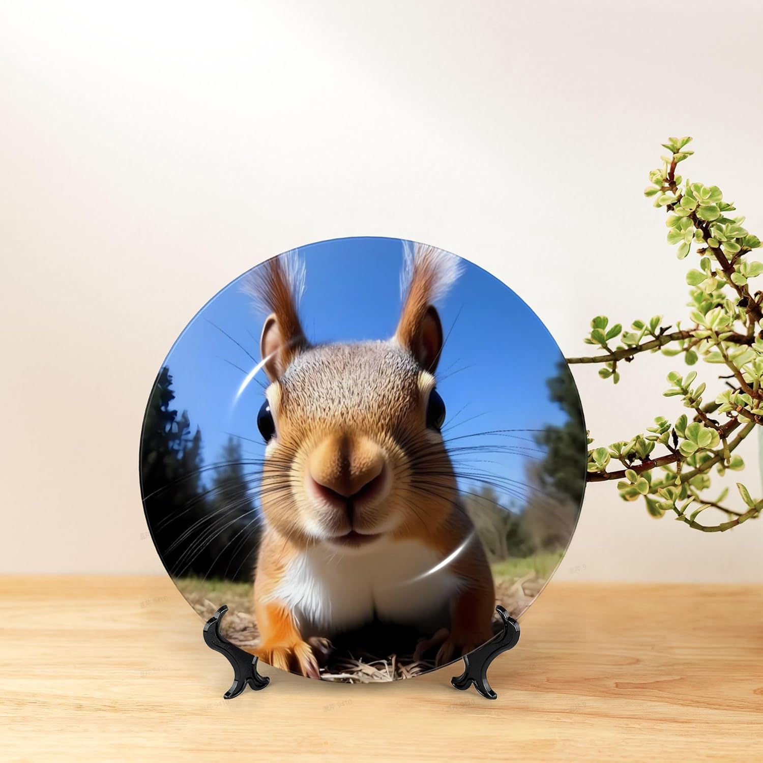 Decorative Plate Ceramic Plate for Wall Hanging 10in Accent Plate for Office Living Room Hallway Table Decor - Close-Up Curious Squirrel