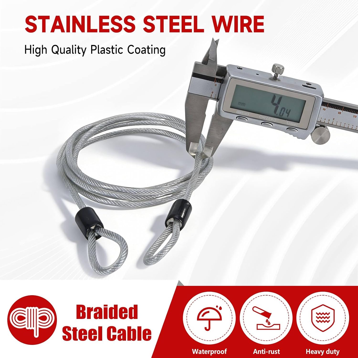 5FT Loop(4mm)-Ended Steel Security Cable with Separate Anti-Theft Lock, Vinyl-Coated Cut-Resistant & Weatherproof Cable for Bicycles, Motorcycles, Luggage, Scooter Lock,