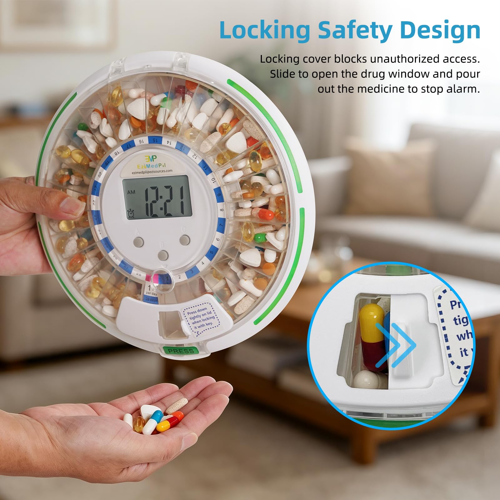 EziMedPil Automatischer Pillendosierer mit Audio- und visuellen Benachrichtigungen, bis zu 6 Alarme/Tag, 6 Dosiervorlagen, leicht ablesbares LCD-Display, Verriegelung Medikamentendosierer mit