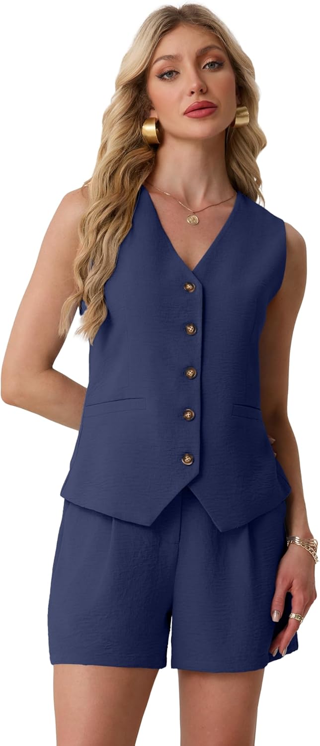 Lepunuo Women's Summer 2 Piece Outfits Sleeveless Button Down V Neck Vest Business Casual Outfits Vacation Travel Sets - Image 4