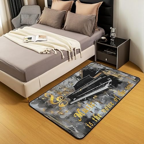 Miniatura 5 de Alfombra de área de música de piano, alfombra de notas musicales, para niños, niñas, niños, adolescentes, retro, graffiti, gris, dorado, para