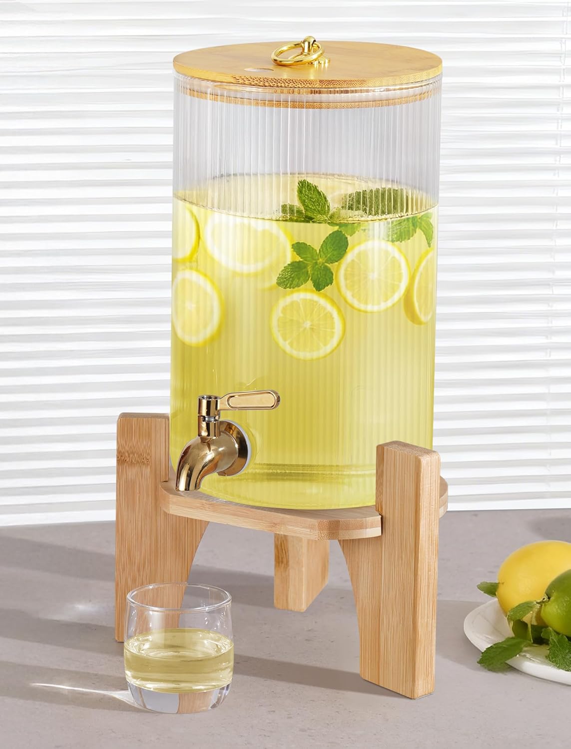 NiHome 1.3 Gallon Drink Dispenser for Parties, 4.9 L Glass Iced Beverage Dispenser, Large Glass Party Drink Dispensers for Lemonade, Tea & Juice, Bamboo Lid, Wood Stand & Stainless Steel Spigot (1PC) - Image 2