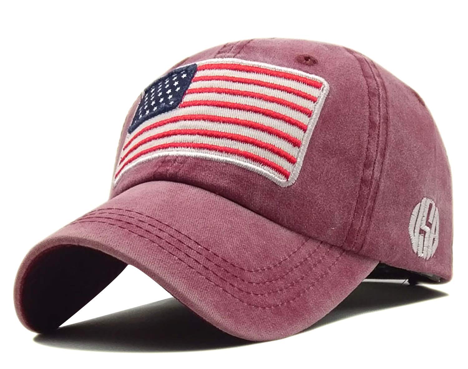LOKIDVEEmbroidered American Flag Baseball Cap Washed Cotton Low Profile Hat-Burgundy, Brass, One size