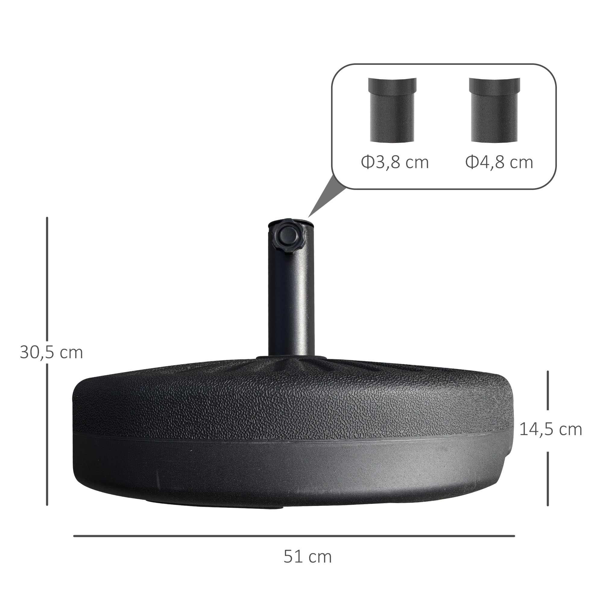 Outsunny Pied de Parasol Rond Socle de Parasol Base de lestage Sable et Eau pour parasols Ø 38/48 mm Acier HDPE dim. 51L x 51l x 30,5H cm Noir