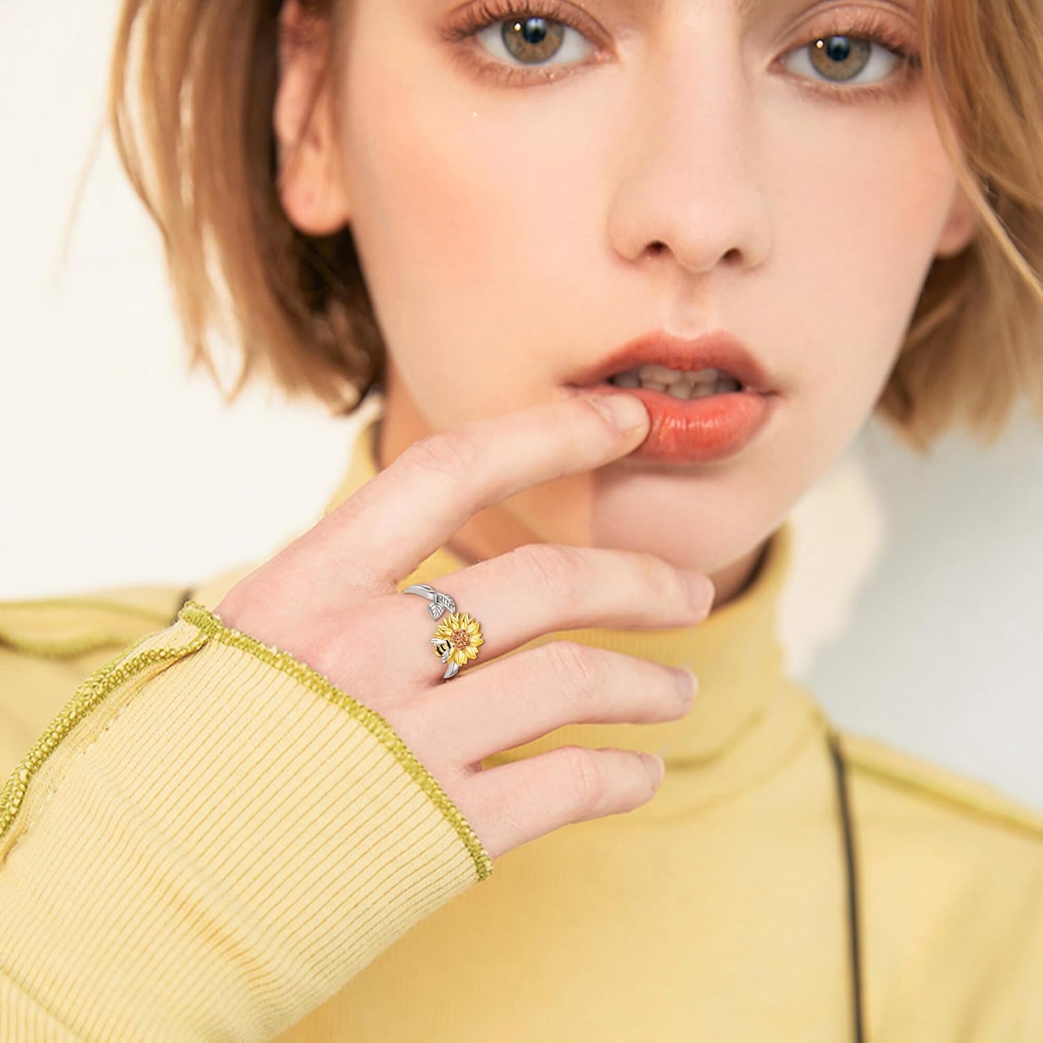 ONEFINITY Sunflower Fidget Ring 925 Sterling Silver Ladybug/Bee Spinner Ring You Are My Sunshine Stress Relieving Adjustable Anxiety Birthday Jewelry Gifts for Women Mom Grandma Sunflower Lover - Image 4