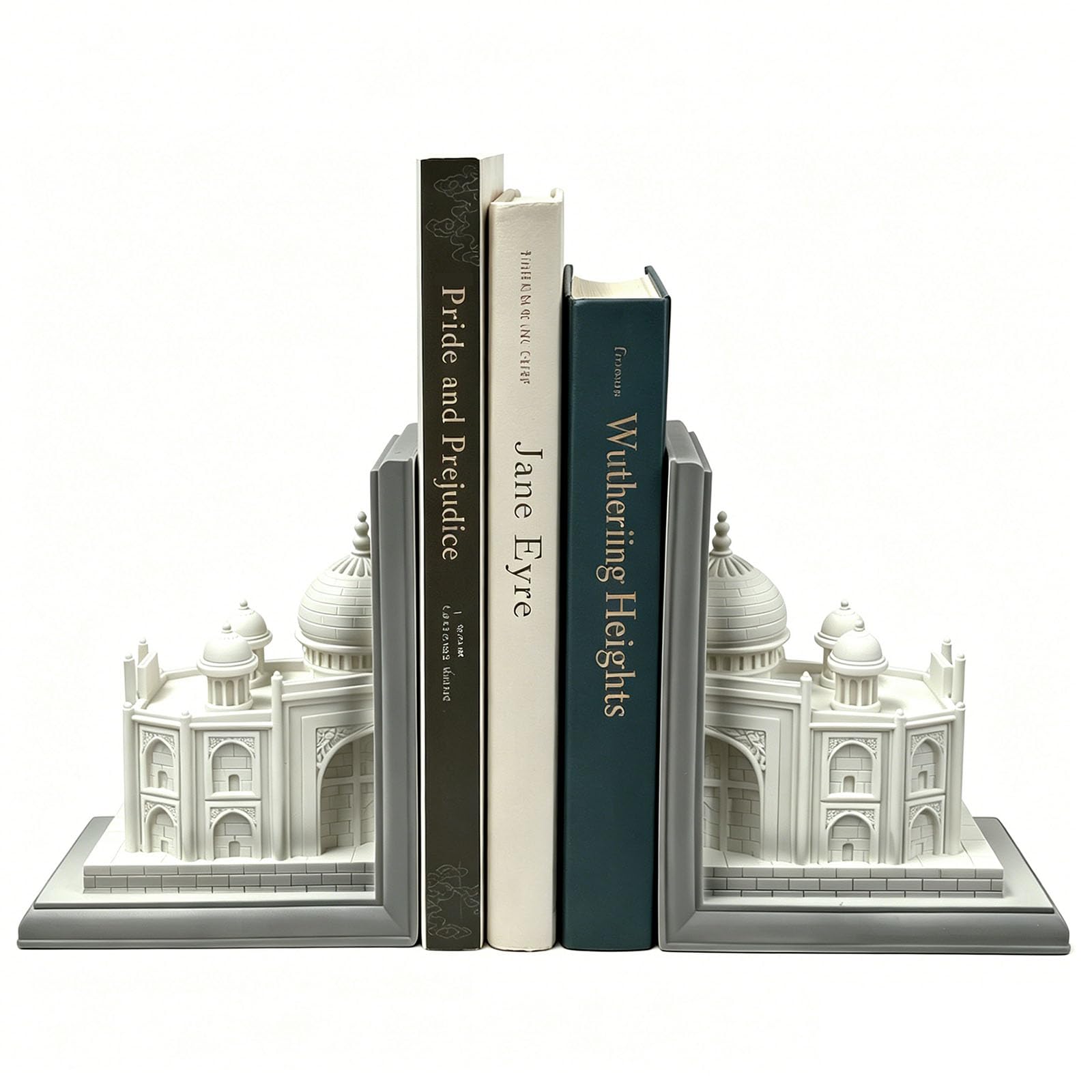 Book Ends for Shelves, Heavy Duty Decorative Bookends, Non-Skid Castle Design Book Holder for Heavy Books/CDs, Modern Aesthetic Resin Shelf Decor, Books Stopper for Home Office, Set of 2, White