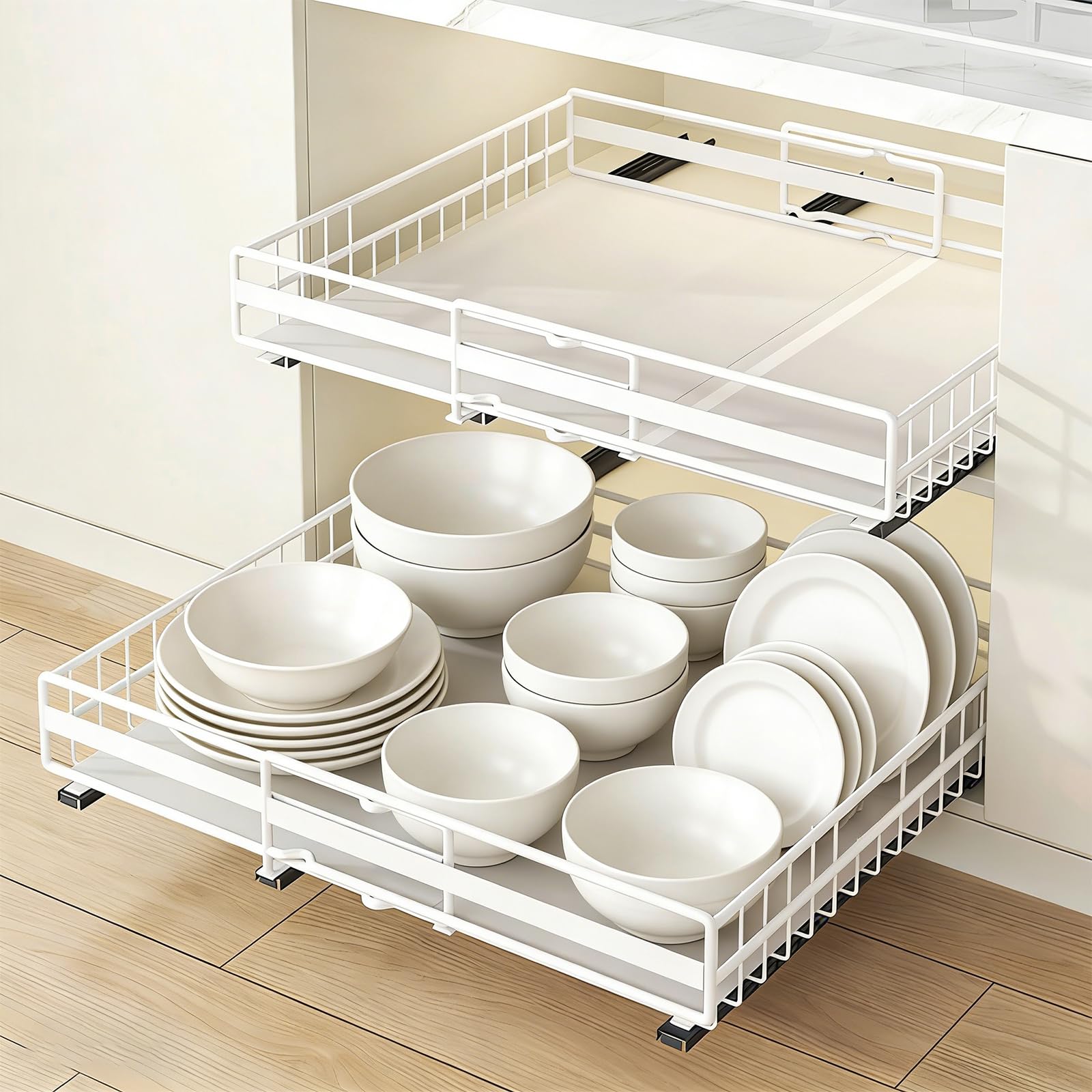 HUOLE Küchenschrank-Organizer, ausziehbare Schubladen aus Metall, unter der Spüle, für Küche, Bad (31-49 cm und 32-51 cm) Weiß