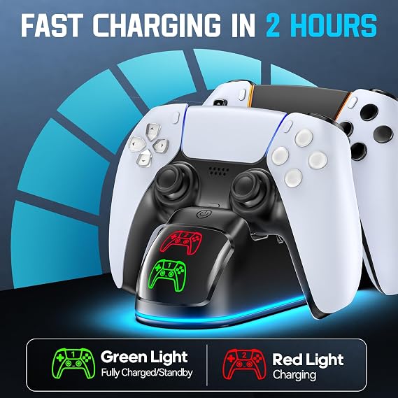 Controller Charger for PS5, Dual Charging Dock Station for PlayStation 5 Dualsense & Edge with RGB Light, Fast PS5 Dual Controller Charging Station with Cable Black for PlayStation Consoles