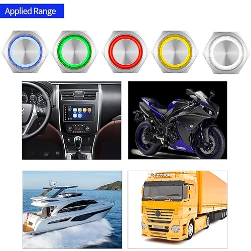 Miniatura 7 de Interruptor de botón pulsador de 0.866 in 15A 12 V de bloqueo momentáneo 2NO DPST ojo de ángel LED de acero inoxidable redondo autobloqueo 78 '' con