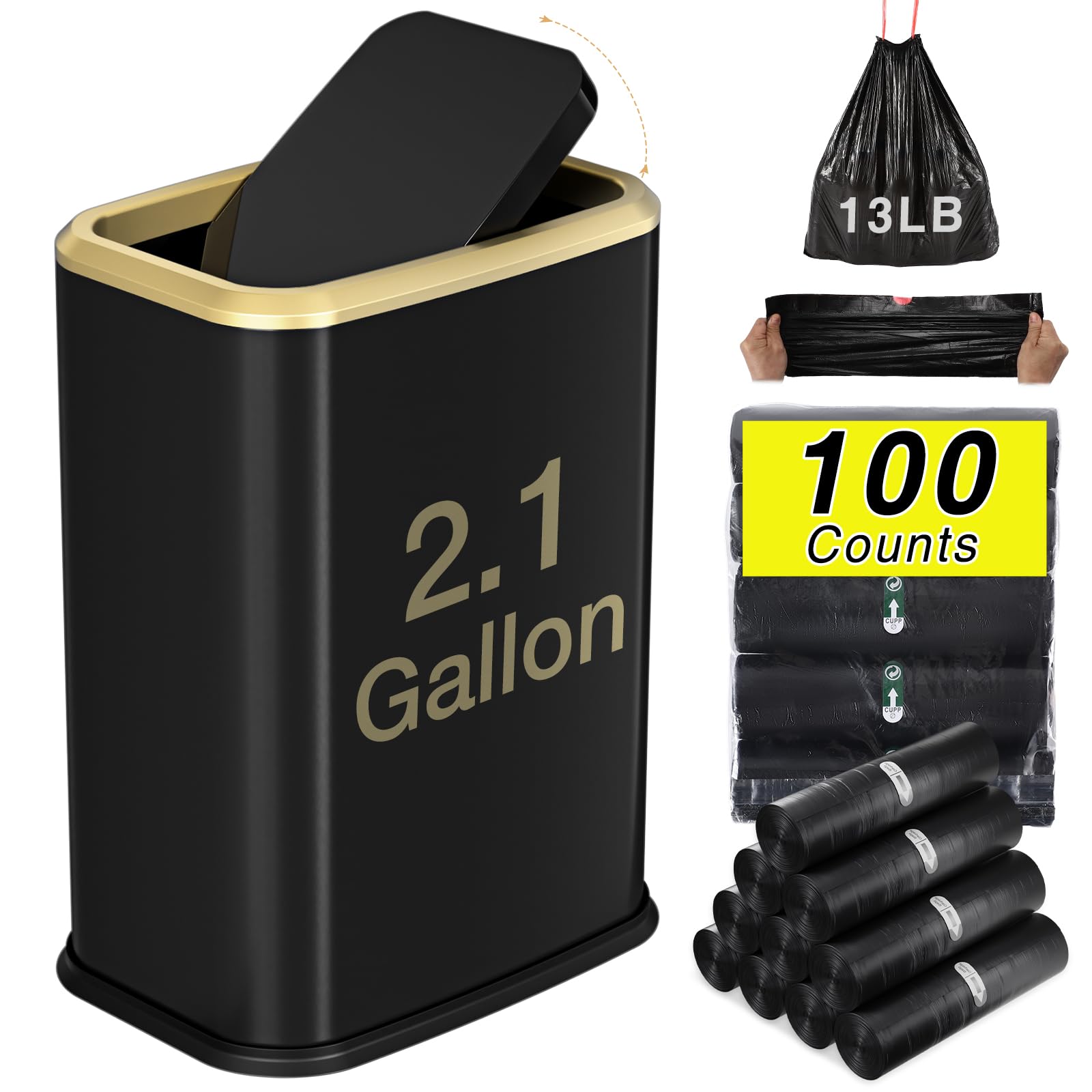 Photo 1 of Bathroom Trash Can with Lid 8L/2.1 Gallon Black Trash Can Small Garbage Can with Swing Top Lid Slim Stainless Steel Garbage Can with 100 Counts Trash Bags for Bathroom Bedroom Kitchen Office Toilet