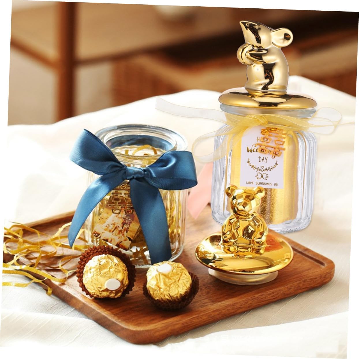 Healifty Glass Candy Jar with Ceramic Lid Sealed Storage Bottle Gold Overgild Candy Box for Wedding Party Favor Holiday Snacks Container