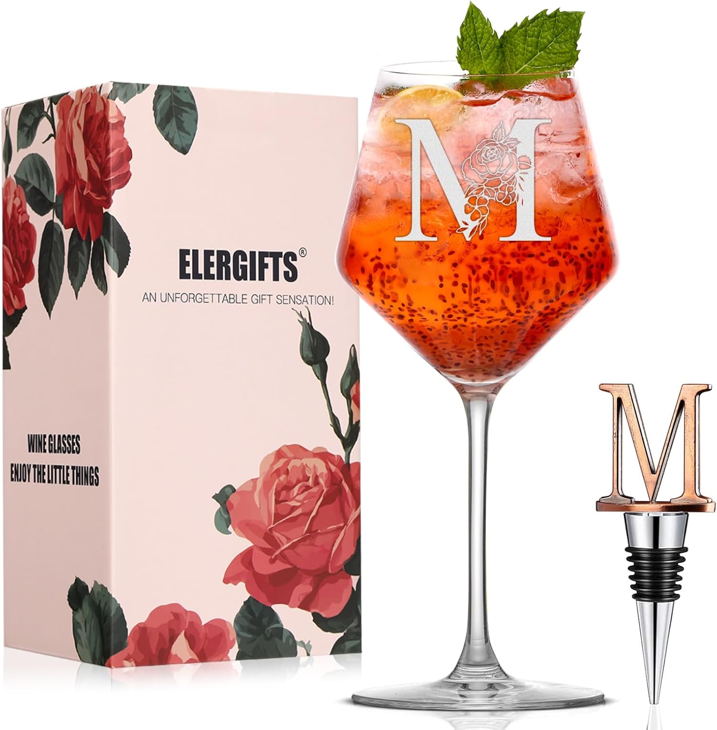 Personalized Gifts for Women, Monogrammed A-Z Wine Glass Customized Gift with Wine Stopper, Unique Christmas Birthday Gifts for Women Mom Friend Sister Wife -Dishwasher Safe (M)