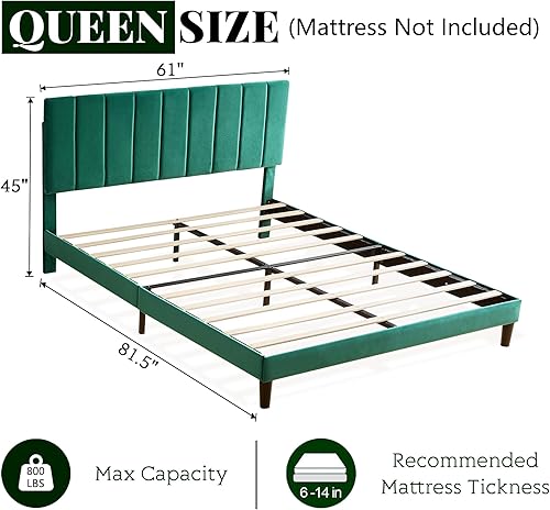 Miniatura 2 de Dolonm Cama de plataforma tamaño Queen con cabecera tapizada y soporte de listones, tela de terciopelo, base de colchón resistente, no requiere