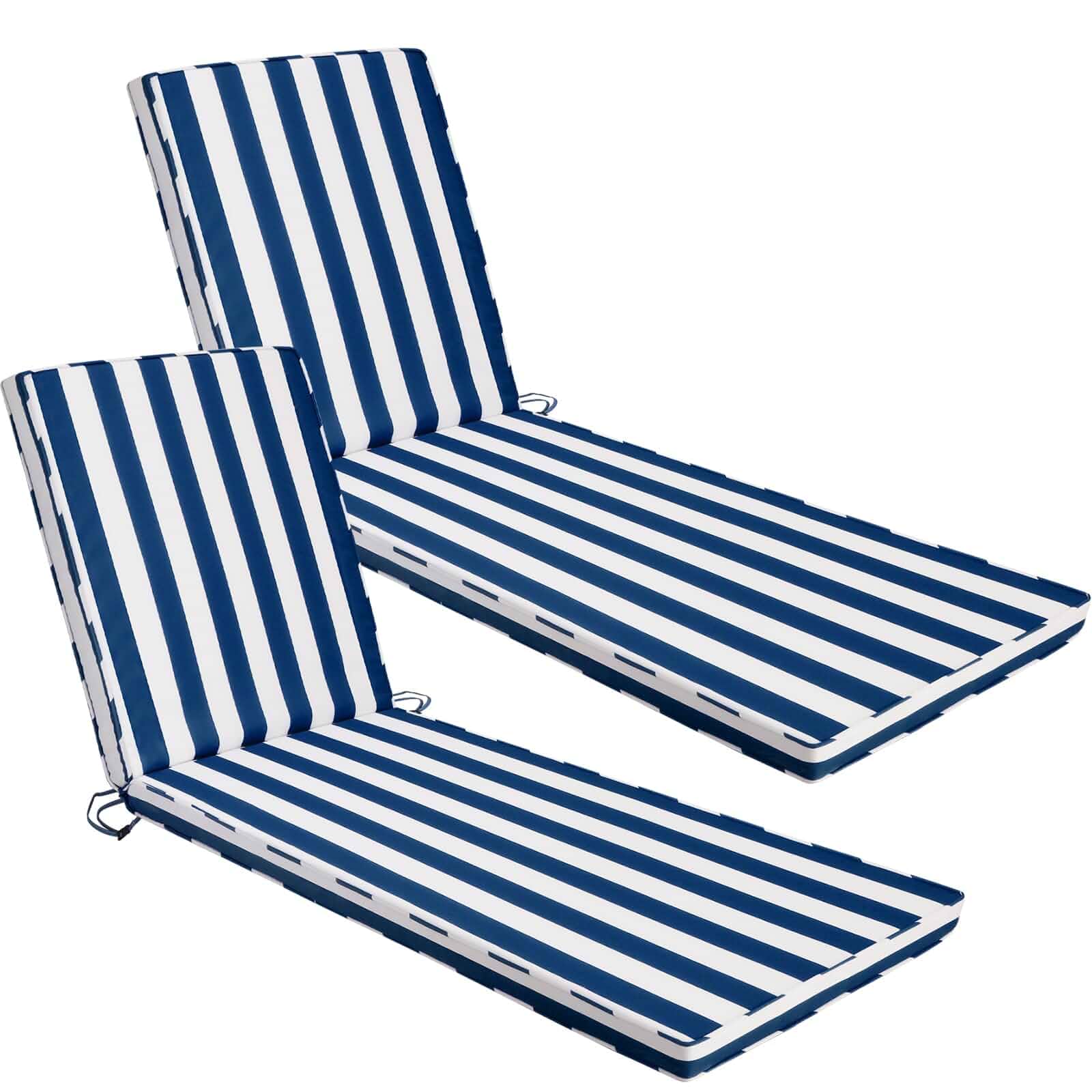 Outdoor Chaise Lounge Cushions Set of 2, 71x22x3 in, Blue Stripes Waterproof Lounge Chair Pads, Washable Replacement Cover, 28D Foam, for Pool, Patio, Lawn, Garden, Yard Furniture