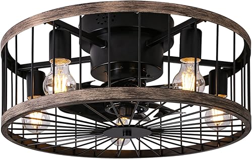 Ohniyou Ventilador de techo enjaulado con luz, ventilador de techo de perfil bajo de 20 pulgadas con control remoto, montaje empotrado, sin aspas,