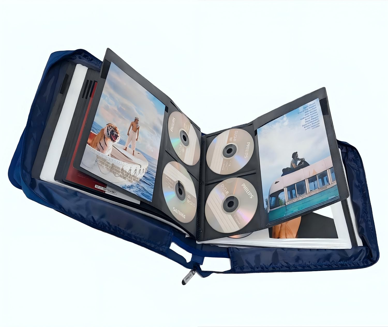 DVD CD Storage Case with Extra Wide Title Cover Pages for Blu Ray Movie Music Audio Disk (Portable Carrying Binder Holder Wallet Album Home Organizer Shelf)- Blue, 192 Disk Units, 96 Booklet Pockets