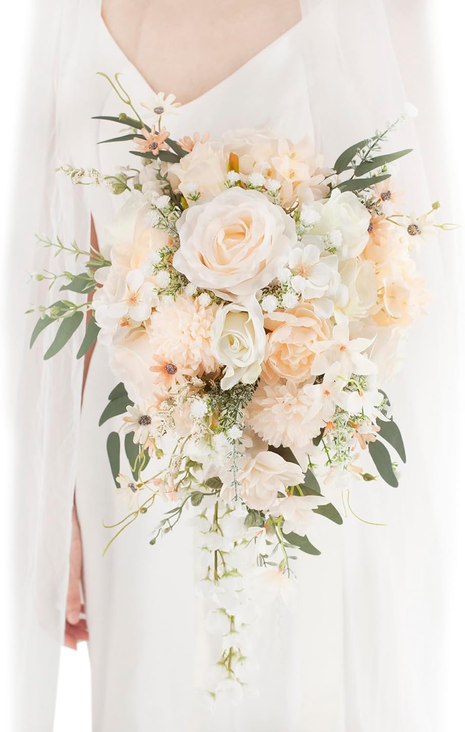 11 Inch Champagne Wedding Bouquets for Bride White Artificial Roses Flower Cascading Bridal Bouquet for Rustic Boho Fall Vintage Wedding Ceremony Party and Anniversary