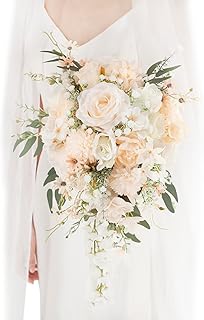 11 Inch Champagne Wedding Bouquets for Bride White Artificial Roses Flow...