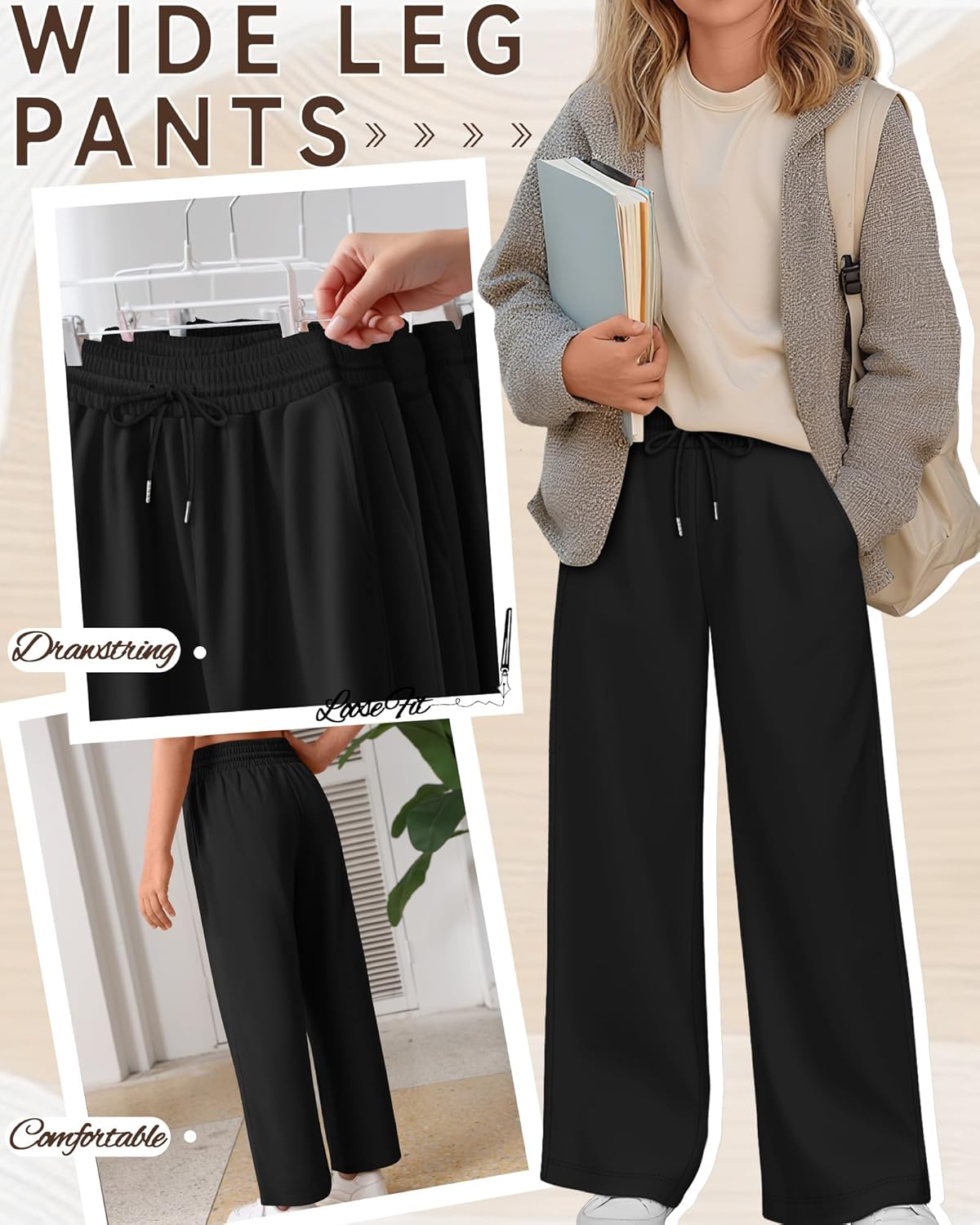 Teen Girls Sweatpants Wide Leg Drawstring Baggy Pants Straight Leg Athletic Trousers with Pockets Size 5-14 - Image 4