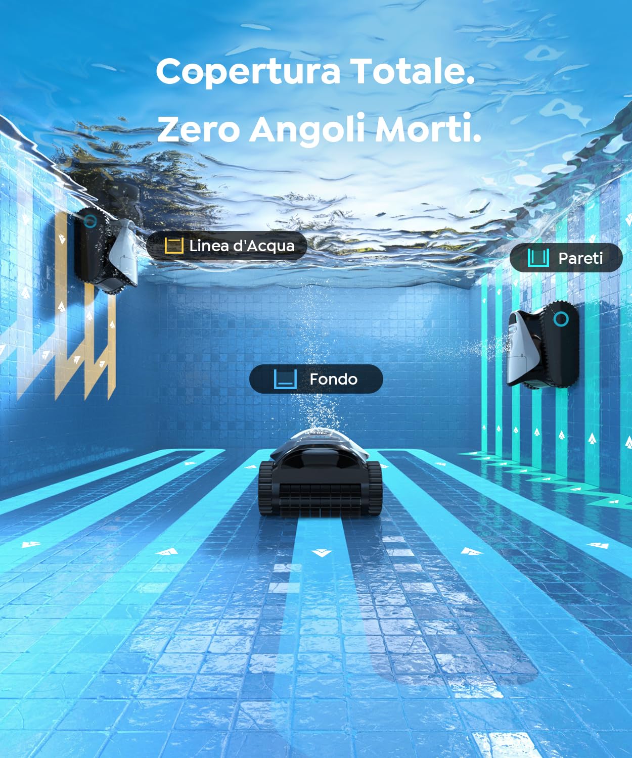 C1 Robot Piscina Pareti e Fondo, Linea d'acqua, Doppio Filtro, Aspiratore Piscina Senza Fili, 7 Modalità di Pulizia, 180 min, Pulitore con App, Robot Pulisci Piscine fino a 150 m², Grigio