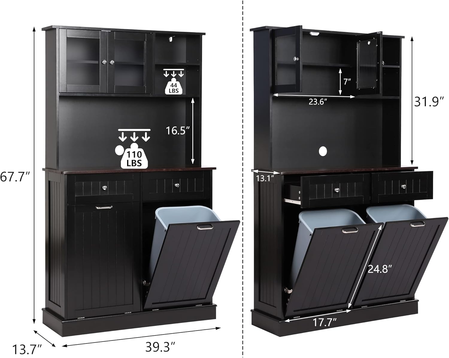 KIGOTY 68" Kitchen Pantry Storage Cabinet,20 Gallon Trash Cabinet with Microwave Stand, Tall Kitchen Cupboard,Pantry Cabinets with Doors and Shelves for Hallway (Black-Double)