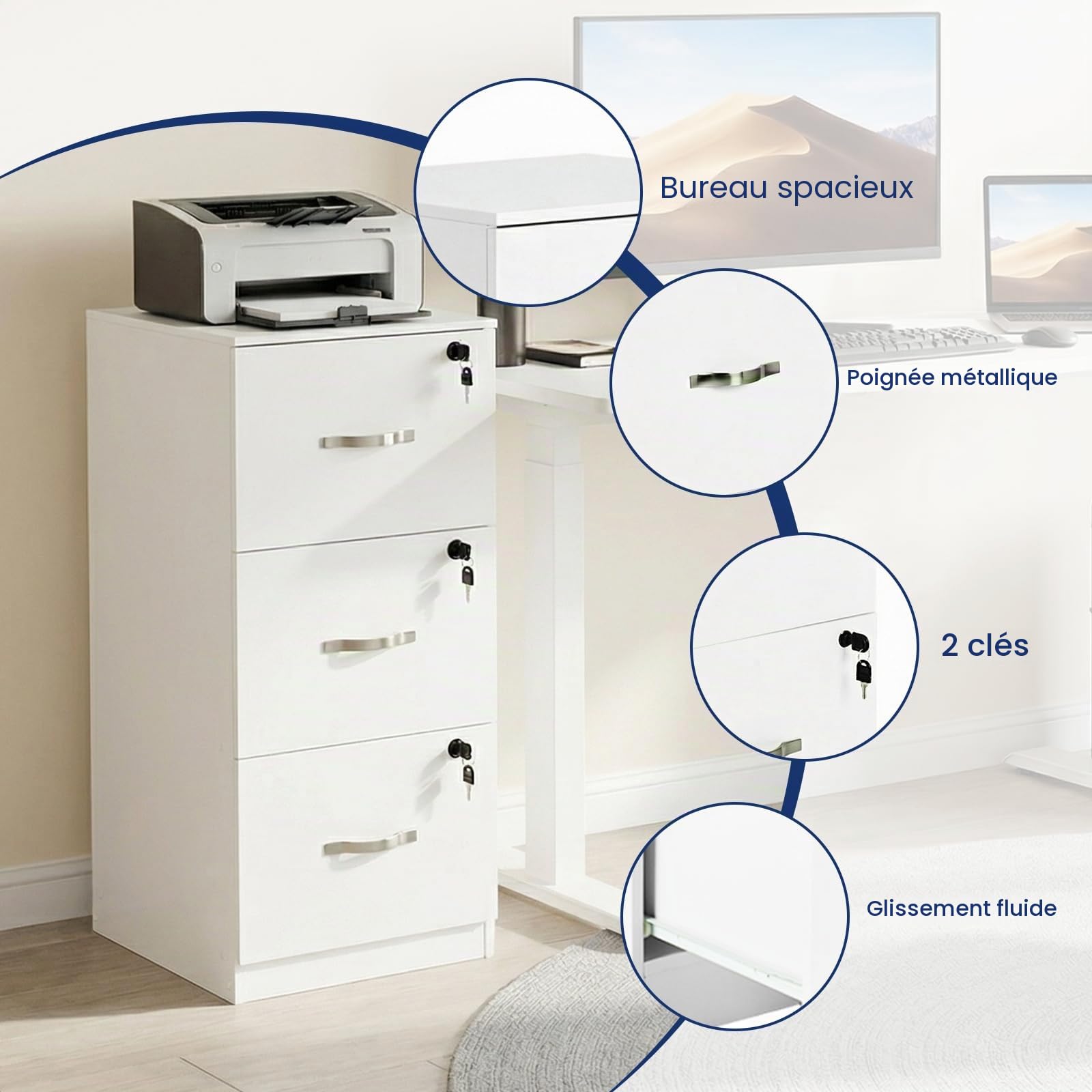Caisson de Rangement, Meuble Bureau 3 Tiroirs, Verrouillable Armoire Meuble de Rangement Bureau 103.5 cm Hauteur pour Dossiers Suspendus, Papier Administratif, Imprimante, Format A4, Blanc