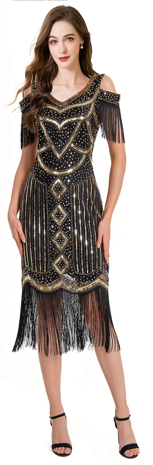 Women Flapper Dresses 1920s V Neck Beaded Fringed Great Gatsby Club &amp; Night Out Dresses